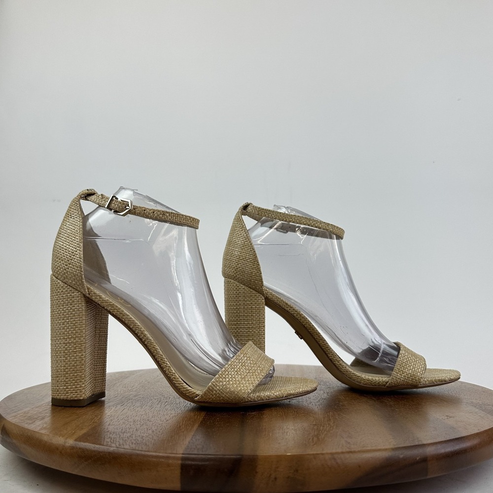 Womens Sam Edelman Yaro Tan Open Toe Ankle Strap Sandal Block Heels Size 9 M